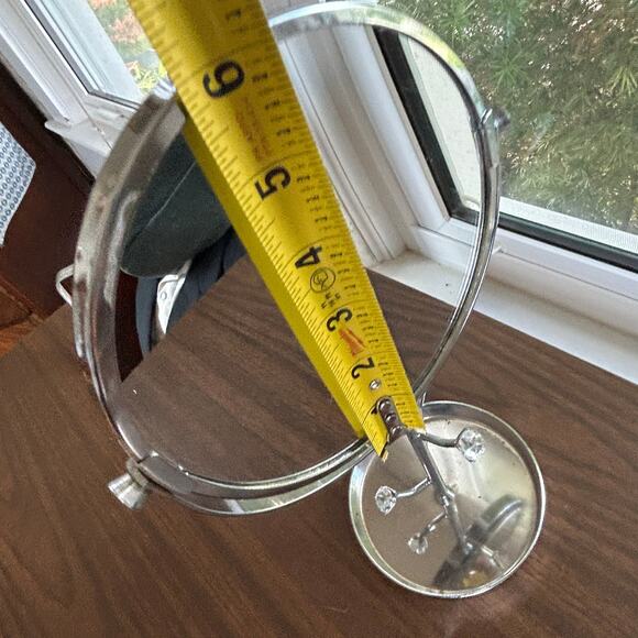 Vintage Chrome Vanity Mirror with Rhinestone Accents and Jewelry Tray – 11” - Picture 11 of 14